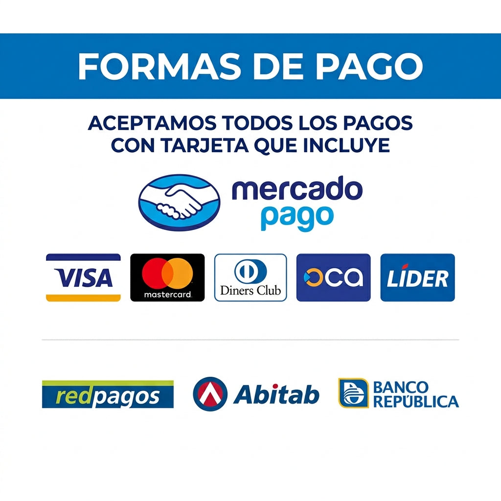 Formas de Pago - MercadoPago, Visa, Mastercard, OCA, Diners Club, Lider, RedPagos, Abitab, Banco República
